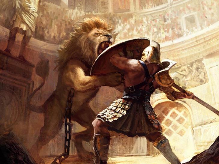 gladiador contra leão em arena romana