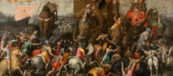 pintura batalha de zama com elefantes, cavalos e homens