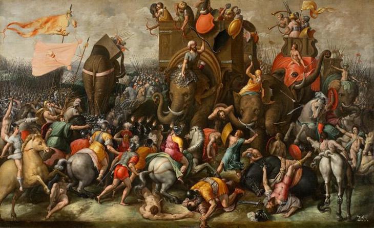 pintura batalha de zama com elefantes, cavalos e homens