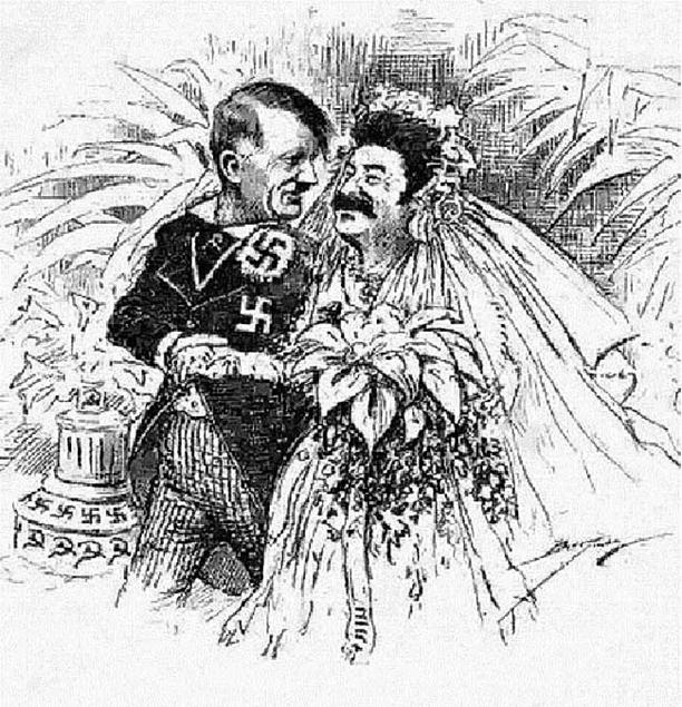 ironização da aliança entre alemanha e união soviética, mostrando hitler e stálin se casando