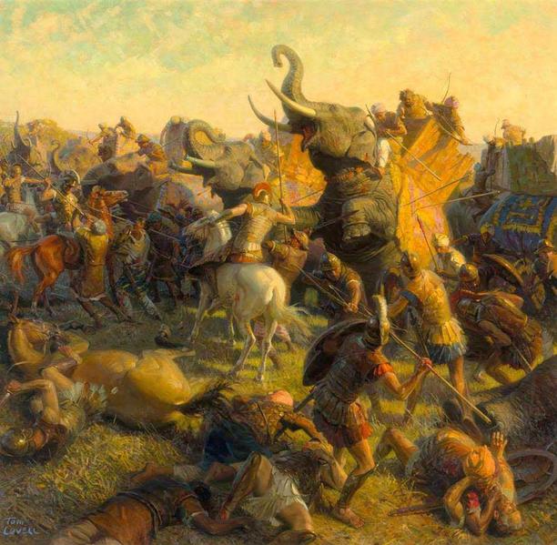 Batalha de Hidaspes, de Tom Lovell. Alexandre enfrentando os elefantes do rei porus em Hidaspes