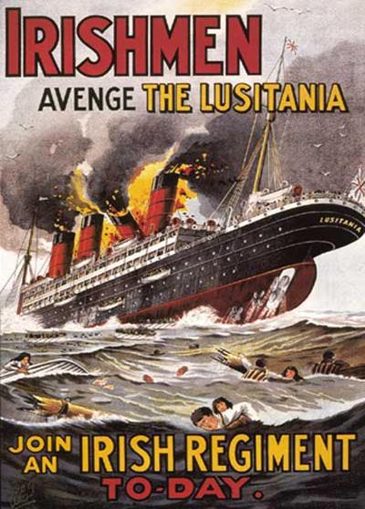Pôster ilustrando o ataque ao Lusitânia e convocando irlandeses para a guerra