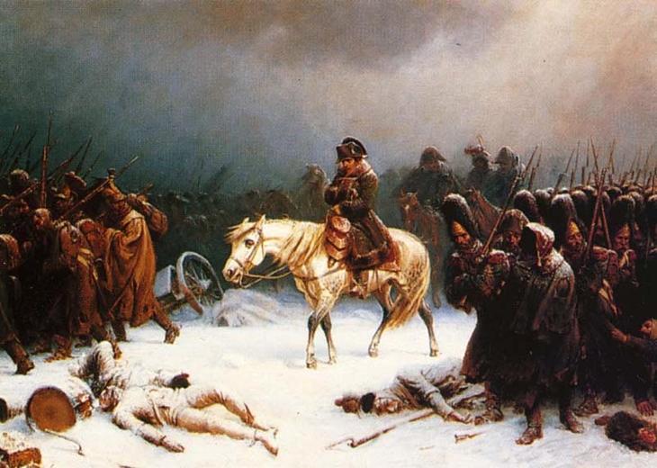 pintura mostrando napoleão e seus soldados após fracassar na rússia