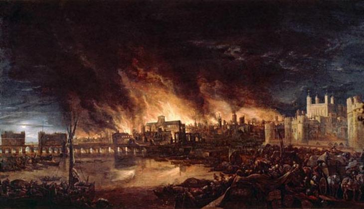 pintura ilustrando destruição londrina pelo fogo do grande incêndio de londres