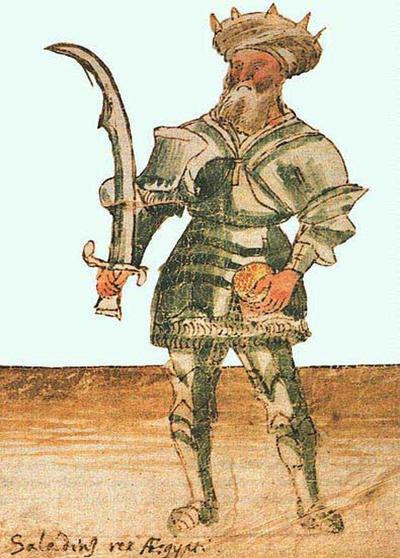 desenho antigo de saladino com espada e coroa