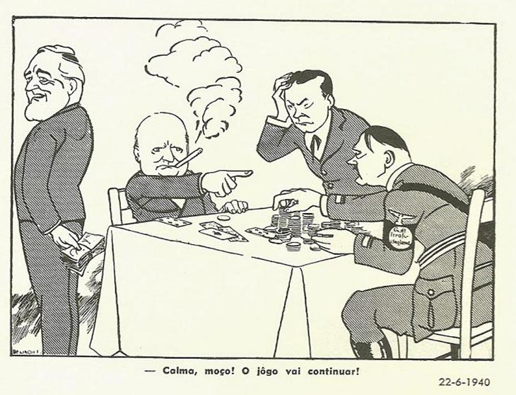 umas das charges do brasileiro Belmonte, mostrando um jogo de cartas entre os líderes dos países envolvidos na segunda guerra mundiall