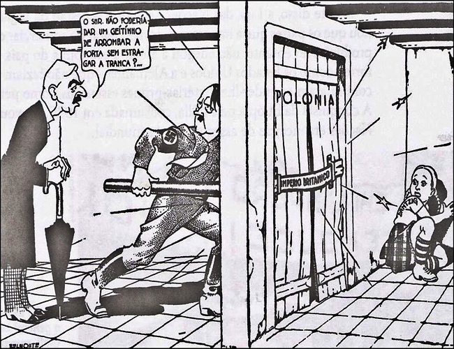 uma das mais famosas e emblemáticas charges da segunda guerra mundial: chamberlain pedindo para que hitler abrisse a porta da polônia sem quebrar a fechadura