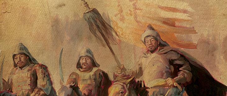 cavaleiros mongóis com estandarte do espírito
