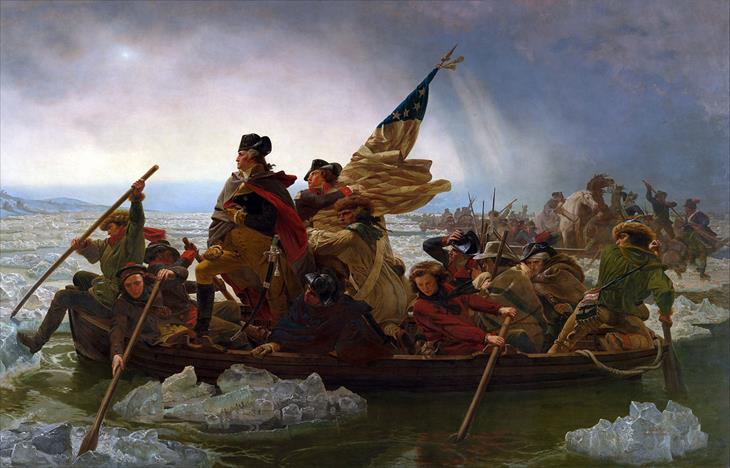 George Washington e soldados em barcos