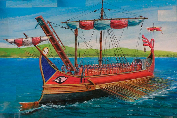 barco romano com corvus nas guerras púnicas