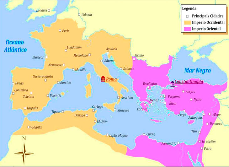 Mapa da divisão do Império Romano