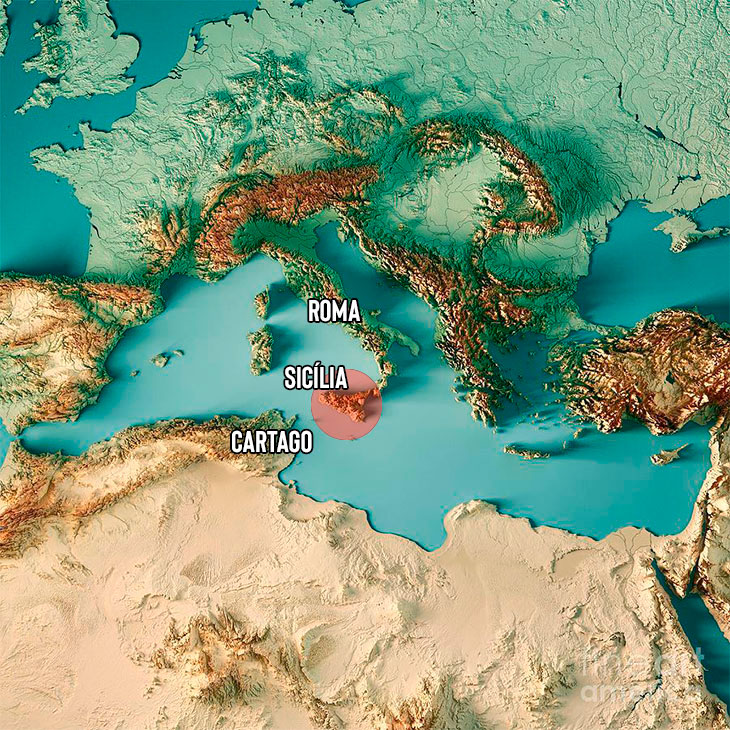 Mapa de Roma, Cartago e Sicília na Primeira Guerra Púnica