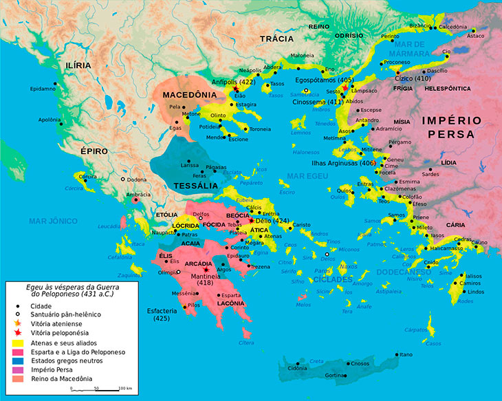 mapa dos territórios à época da Guerra do Peloponeso