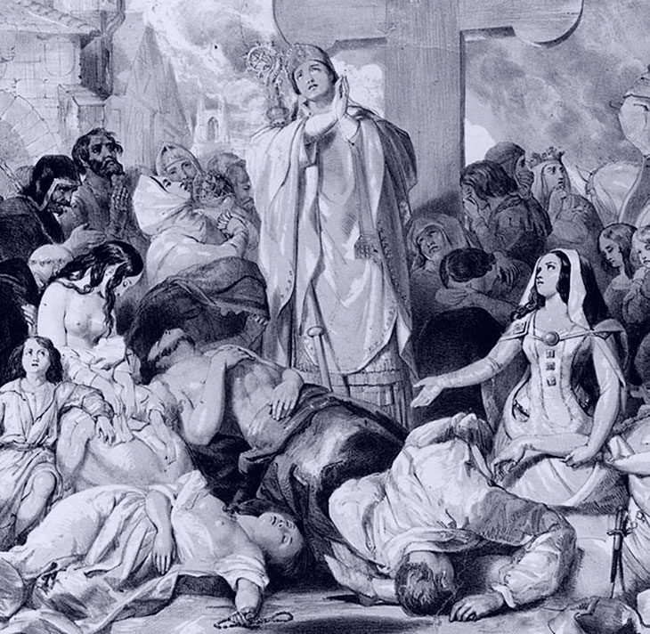 pessoas com fome e rezando durante a Crise do Século XIV