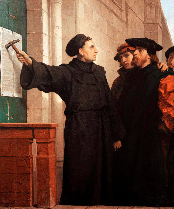 Martinho Lutero pregando suas 95 teses na igreja