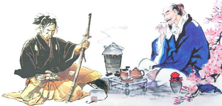 samurais tomando chás como um remédio natural e baseado na ciência primitiva