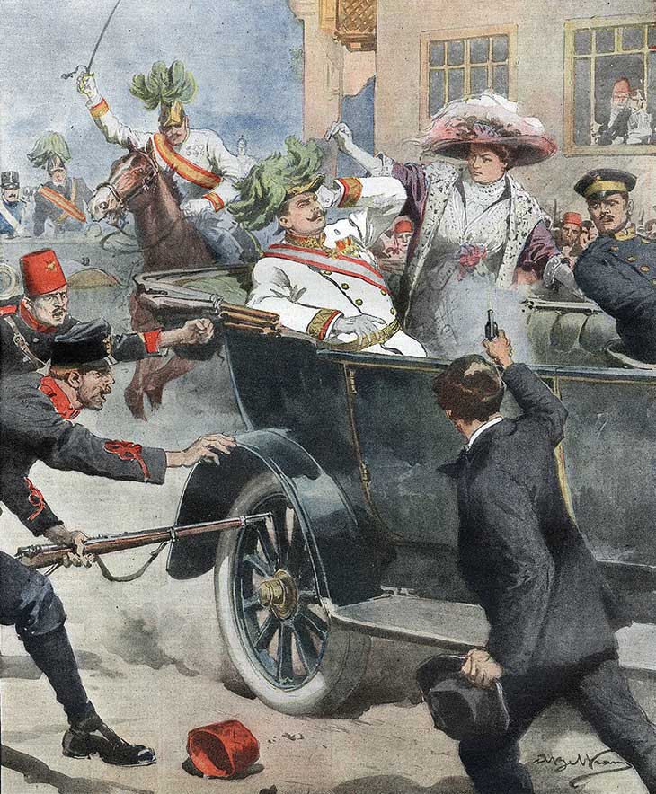 Retratação do momento em que Gravilo Princip assassina os monarcas austro-húngaros como estopim da primeira guerra mundial