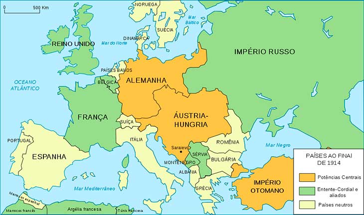 mapa das potências centrais e da tríplice entente na primeira guerra mundial