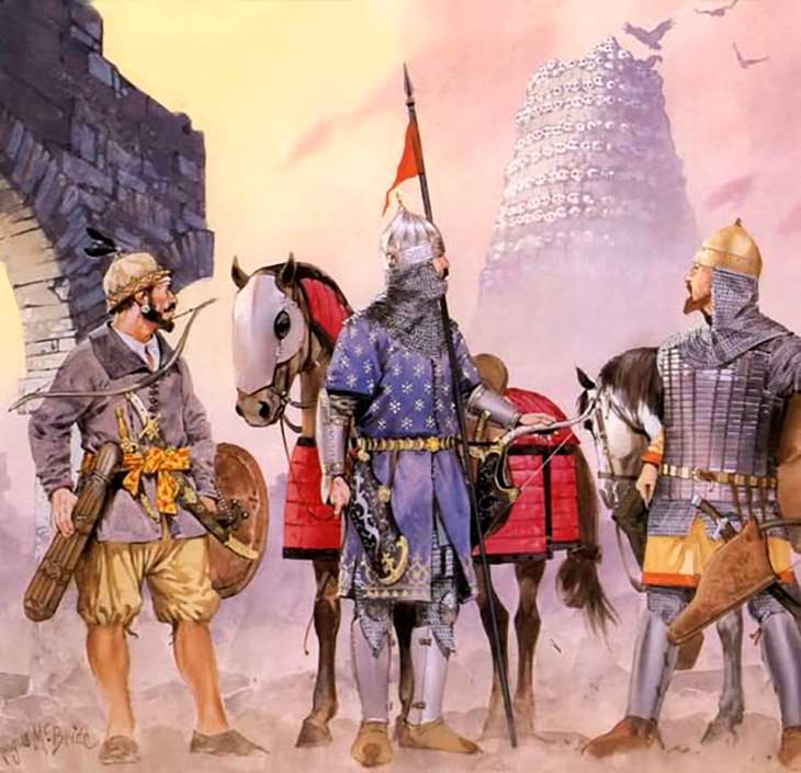 soldados observando uma torre de crânios de Tamerlão