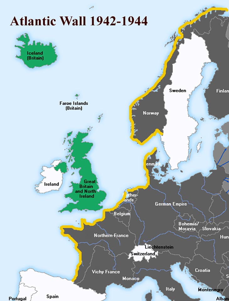mapa da muralha do atlântico durante a segunda guerra mundial