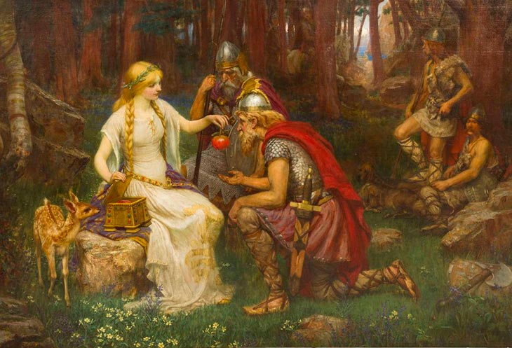 retratação da deusa iduna oferecendo maçãs aos deuses nórdicos como presente da imortalidade