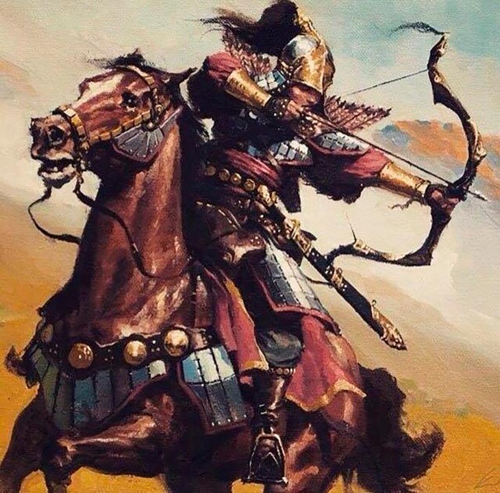 arqueiro mongol montado pronto para disparar seu arco e flecha