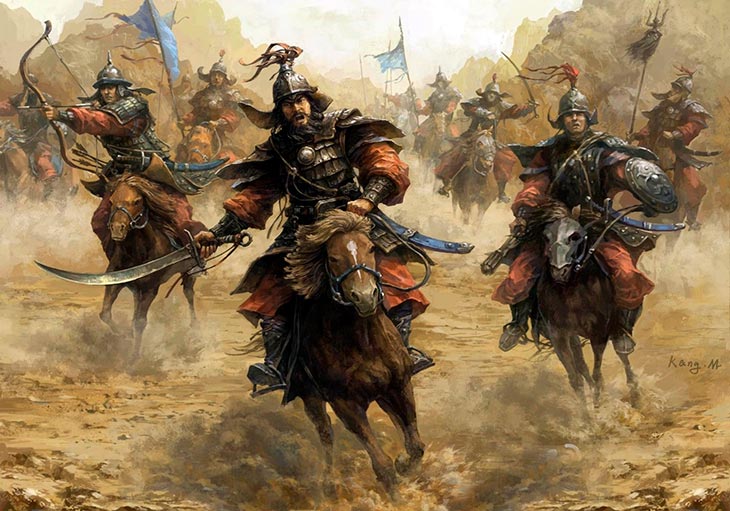 cavaleiros mongóis com arcos espadas e lanças partindo para o combate