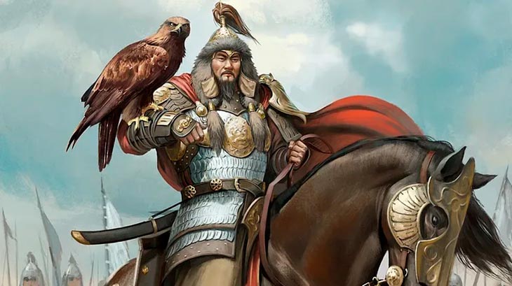 ilustração de gêngis khan sobre cavalo e armadura pronto para a guerra