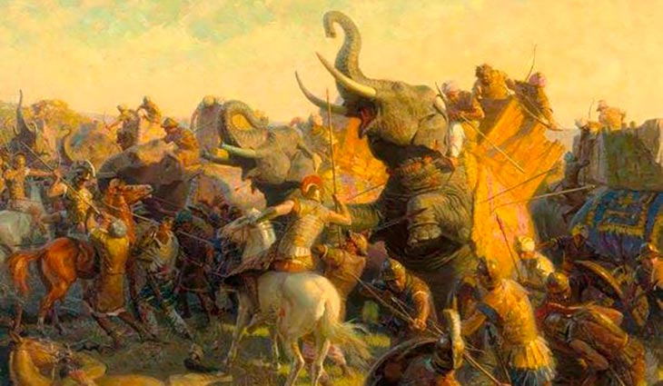 Alexandre o grande lutando contra elefantes de guerra na batalha de hidaspes