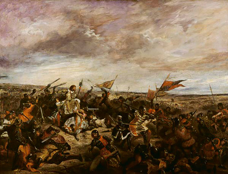 retratação da batalha de poitiers onde o príncipe negro venceu os franceses em 1356 durante a guerra dos cem anos.