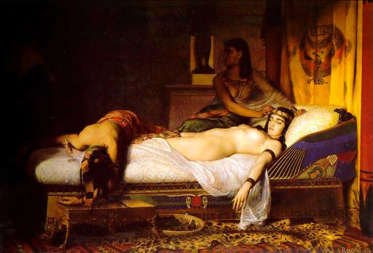 Cleópatra morta após usar veneno em si mesma para não ser capturada por Otaviano