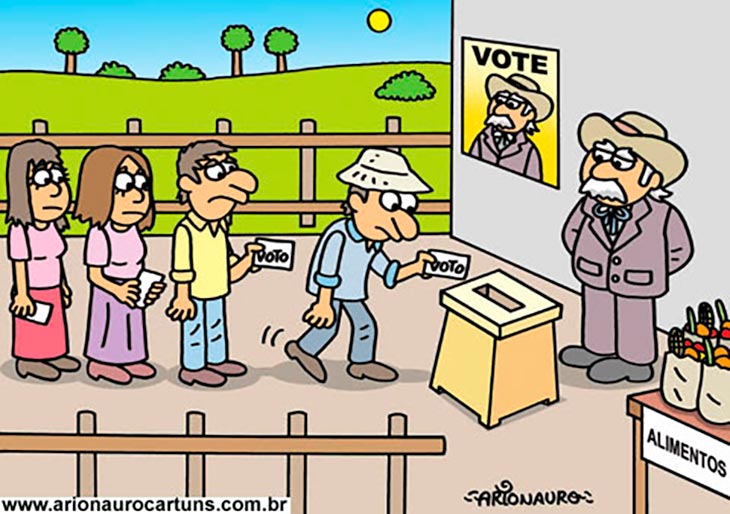 charge mostrando coronel coagindo eleitores a votar em si mesmo
