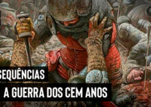 Ilustração de batalha feroz durante a Guerra dos Cem Anos.