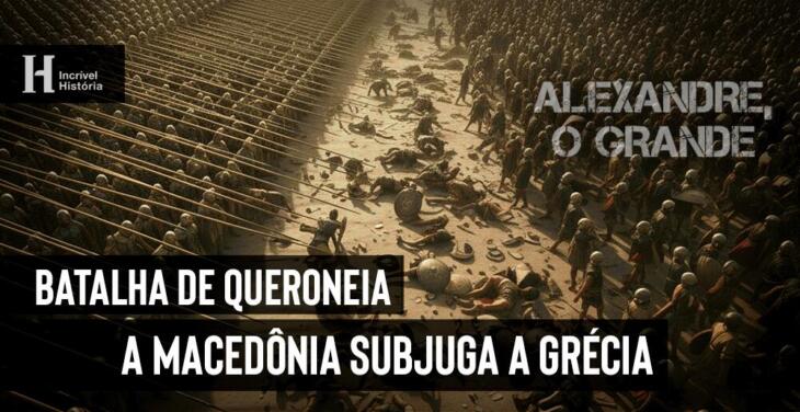 Ilustração da Batalha de Queroneia onde as forças macedônias venceram as gregas, subjugando as cidades gregas livres.