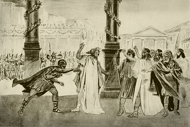 Ilustração sobre o assassinato de Filipe II por Pausânias.