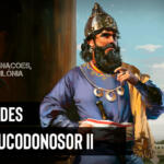 O rei Nabucodonosor II vestido com roupas finas em seu palácio.