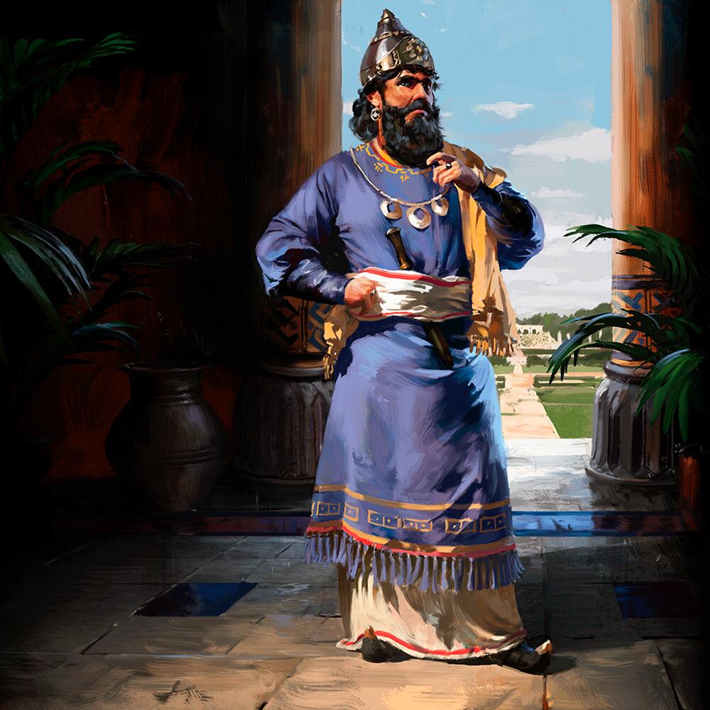 O rei neobabilônio, Nabucodonosor II, em seu palácio.